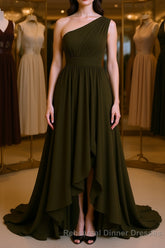 A-Line/Princess One-Shoulder Asymmetrical Chiffon Bridesmaid Dresses with Pleated